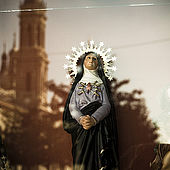 Souvenir of the Virgin Mary and reflection of Basilica del Pilar, Zaragoza, Saragossa, Aragon, Spain