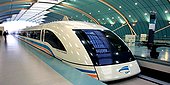 A maglev (transrapid) train stops at a station in Pudong in Shanghai.