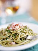 Italy, Sicily, Stromboli island, pasta with almond, basil and tomato sauce(pesto trapanese), La locanda del BarbablË