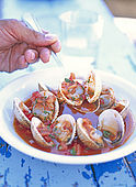 Balkan, Adriatic sea coast    Republic of Montenegro    Village of Perzno nea Budva    Restaurant 'Langusta' (Lobster)    Clams with Bozara sauce    