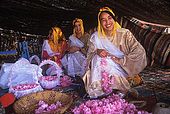 Women making rose necklaces, Dades Valley, Morocco