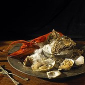 Oysters and a lobster on a plate