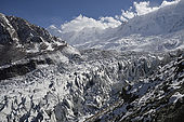 Pakistan, region de Gilgit Baltistan, vallée de Nagar, glacier de Minapin, vue sur le glacier de Minapin et les montagnes enneigées du Rakaposhi