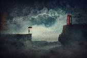 Painting of a person with umbrella standing under storm on the edge of a cliff looking at a phone booth on the other peak. Fantastic scene, adventure journey, purpose and goal concept