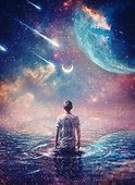 Wonderful cosmic painting with a person in the ocean of space. Surreal scene, starry night sky on another planet and a wanderer walks in the water watching the crescent moon, meteor shower and nebulas