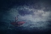 Sailing painting with a lone person in the ocean floating on an umbrella boat. Surreal scene with a storm over the sea. Fantastic adventure, conquering and facing adversity concept