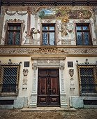 Beautiful painted walls and facade details of the Peles castle the royal residence in Sinaia, Romania
