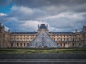 Outdoors view to the Louvre Museum in Paris, France. The historical palace building with the modern glass pyramid in center