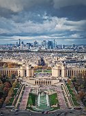 Sightseeing aerial view of the Trocadero area and La Defense metropolitan district at the horizon in Paris, France. Beautiful autumn season colors, vertical background