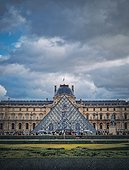 Outdoors view to the Louvre Museum in Paris, France. The historical palace building with the modern glass pyramid in center, vertical background