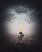 Surreal and creepy scene, the battle against monster inside your mind. Alone person with head burning in flames facing a spooky creature coming out of storm. Conceptual and inspirational art