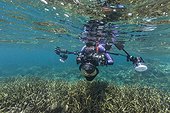 Underwater photographer in crystal clear water in the shallow reefs off Bangka Island, off the northeastern tip of Sulawesi, Indonesia, Southeast Asia, Asia