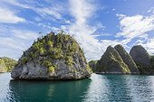 A view of islets covered in vegetation from inside the natural protected harbor in Wayag Bay, Raja Ampat, Indonesia, Southeast Asia, Asia