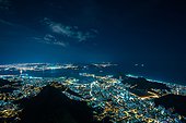 High angle view of Botafogo Bay illuminated at night, Rio de Janeiro, Brazil