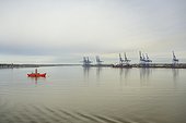 Cranes at Port of Felixstowe and calm sea, UK