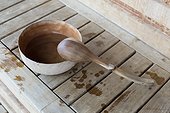 High angle view of a ladle and bowl in a sauna