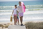 Family walking on a boardwalk on the beach
