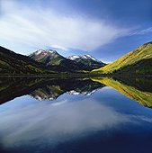 Mountains and sky reflected in still lake