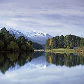 Mountains and trees reflected in still lake