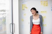 Smiling businesswoman with in front of whiteboard with adhesive notes
