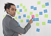 Businessman pointing to sticky note