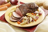 Close up of roast beef and vegetables