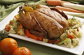 Close up of roast chicken and vegetables