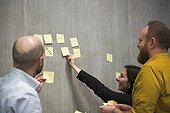 Students using sticky notes on wall to brainstorm ideas