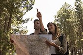 Young couple standing with map in pine forest
