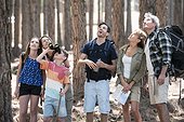 Family hiking together in pine forest