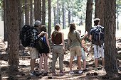 Family hiking together in pine forest