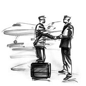 Businessmen shaking hands near jet
