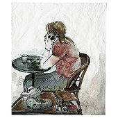Woman sitting in cafe, using cell phone