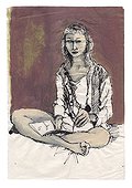 Woman sitting on bed, drawing