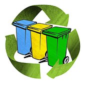 Recycling symbol enveloping color-coded garbage cans