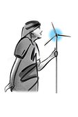 Person holding pinwheel resembling wind turbines