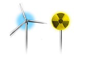 Wind turbine along side with radiation warning symbol
