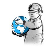Blindfolded child holding globe