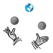 Hands juggling balls and globe