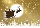 Silhouette of Santa Claus and his sleigh flying in nighttime sky
