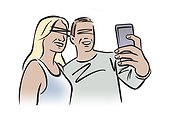 Illustration of couple using smartphone to take a selfie