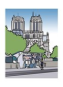 Illustration of a book stall and the Notre-Dame Cathedral in Paris, France