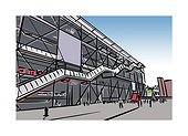 Illustration of the Pompidou Center courtyard in Paris, France