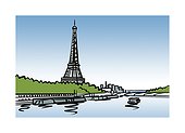 Illustration of the Seine and Eiffel Tower in Paris, France