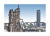Illustration of Tour Saint-Jacques and Tour Montparnasse in Paris, France, arch. J.Saubot, E.Beaudoin/ADAGP, U.Cassan, L.de Hoym de Marien/ADAGP