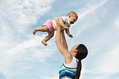 Mid adult woman holding up baby daughter against blue sky