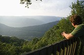 Mid adult man looking at view from viewing platform, rear view, New River Gorge National River, Fayetteville, West Virginia, USA
