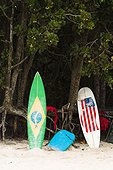 Surfboards on beach, Ilha Grande, Rio de Janeiro, Brazil