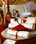 Place Setting and Napkins on Table Decorated for the Holidays