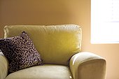 Yellow suede armchair with leopard print pillow